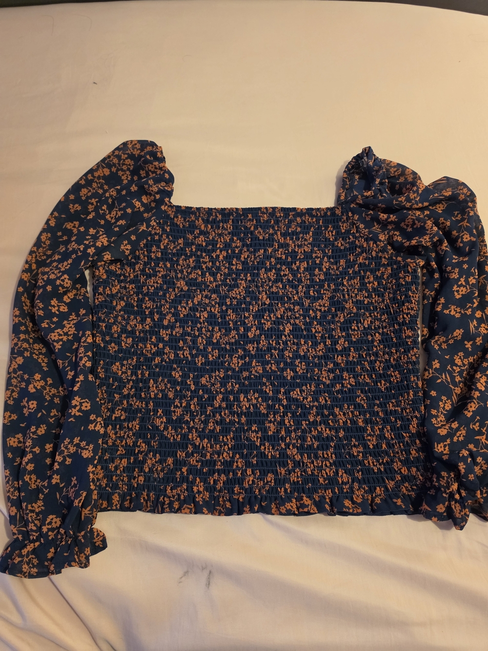 Lush Navy Blue Smocked Floral Long-Sleeve Top with Orange Print-- Large